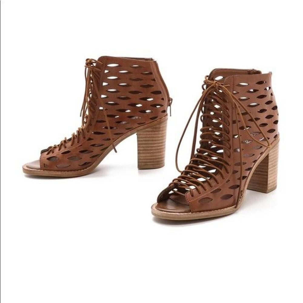 Jeffrey Campbell Brown Laser Cut Lace-Up Heeled Booties Size 7.5